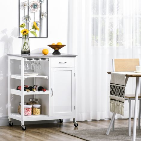 Carro de Cocina con Ruedas Carrito de Servicio con 1 Cajón Estantes Extraíbles y Botellero 76x48x88 cm Blanco (1/5)