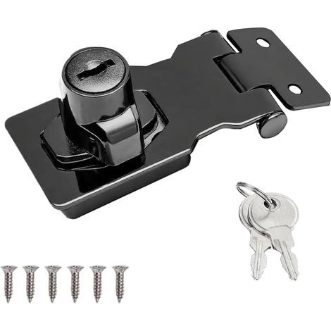 Moraillon de verrouillage de porte à clé à bouton rotatif, loquet de sécurité en métal noir et agrafe, fermoir à boulon en acier inoxydable, pour portail, porte de garage, abri de jardin en (1/5)