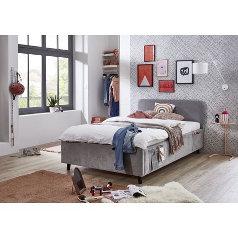 Meise Möbel Jugendbett Cosy 140x200 cm Bettgestell USB 4 Betttaschen Strukturstoff Grau Holzfuß schwarz (1/5)