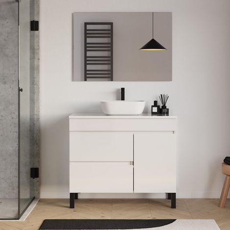 Meuble de salle de bain 90cm avec plateau et vasque à poser arrondie - porte et tiroirs - blanc brillant - LAZARO (1/5)