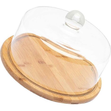 Plateau à apéritif avec couvercle en verre, présentoir à gâteaux en bambou, poignée arrondie, facile à transporter, couvercle transparent pour desserts, fêtes et usage quotidien, 26 cm (1/5)