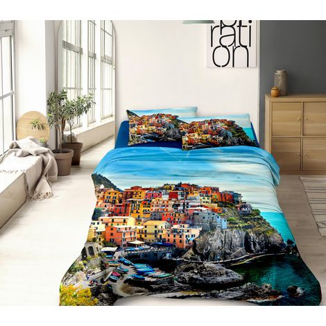 Completo Letto Lenzuola 100% Cotone Set Lenzuolo Moderno Sotto Sopra Federe Due Stampe In Altissima Definizione Dis45cinqueterre - Matrimoniale