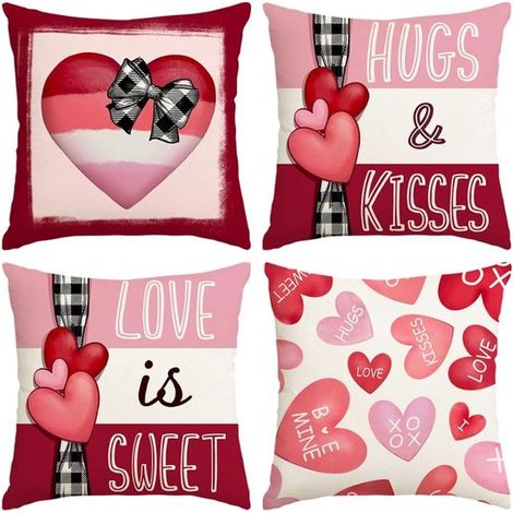 Kissenbezug-Set zum Valentinstag (4-teilig,45x45 cm),rot und rosa,herzförmig mit dem Aufdruck „Umarmungen und Küsse“,„Ich liebe dich noch mehr“