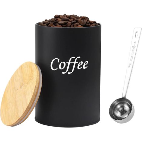 Boîte à Café Hermétique, 500 ml Coffee Vault Hermétique de Conservation avec Cuillère en Acier Inoxydable, Boîte à Café avec Couvercle, pour Moulu, Coffee Beans, Soybeans(Noir) (1/5)