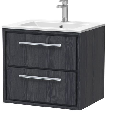 Longnor 2 Drawer Wall Hung Vanity Unit with 1 Tap Hole Minimalist Basin, Woodgrain Graphite Grey, 600mm