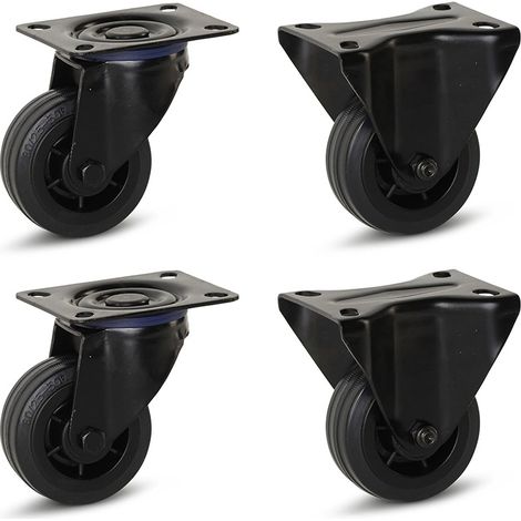 Jeu de roues 4pcs - MESO - Caoutchouc noir - 80mm - 60kg - 2 fixes + 2 pivotantes