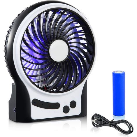 Ventilateur De Bureau - 3 Vitesses - Batterie Rechargeable 2200 mAh - Éclairage LED Bleu Et Latéral - Portable USB - 12,7 cm - Noir
