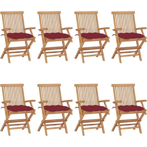 Chaises de jardin avec coussins bordeaux 8 pcs Teck massif 2 (1/5)