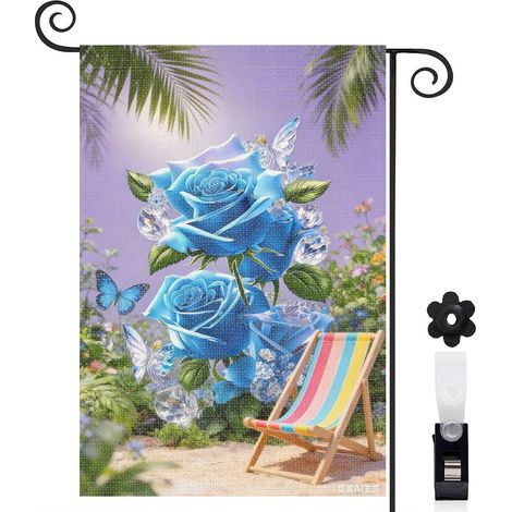 Drapeau vertical fond violet et roses bleues magiques 30 x 45 cm décoration saisonnière cour (1/5)
