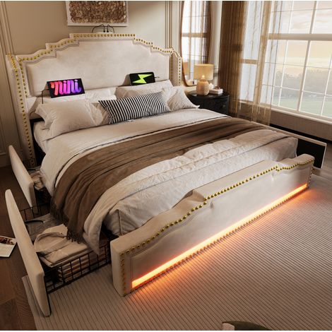 Polsterbett 140/200 cm beige aus Samt mit 4 Schubladen, LED-Beleuchtung und USB-C-Anschluss (1/5)