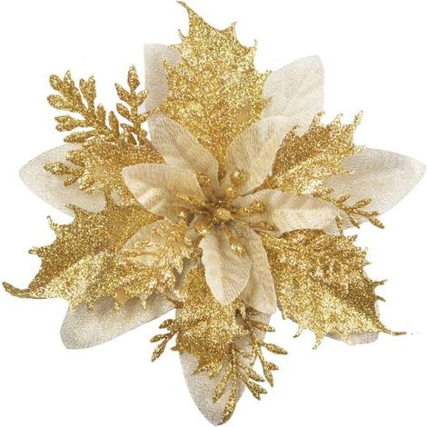 Lot de 12 fleurs de Noël à paillettes (15 cm) avec 12 poinsettia artificielles pour sapin de Noël（Doré） (1/4)