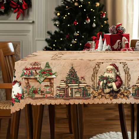 1pc Nappe de Noël, Nappe Rectangulaire&Ronde, Style Rétro, Père Noël, Renne, Bonhomme de Neige, Design de Meubles Vintage, Décoration du Nouvel An et (1/5)