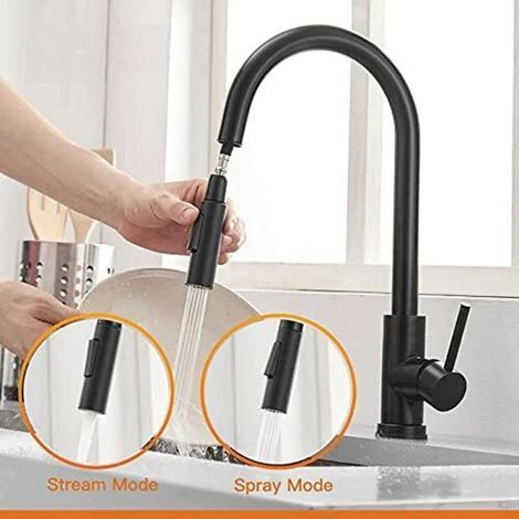 Robinet de cuisine haute pression, acier inoxydable noir, rotation à 360°, robinet d'évier, mitigeur d'évier à poignée unique. (1/3)