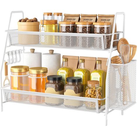 1 Étagère à épices, Acier inoxydable, 2 niveaux, Rotation, Cuisine, Bureau (1/5)