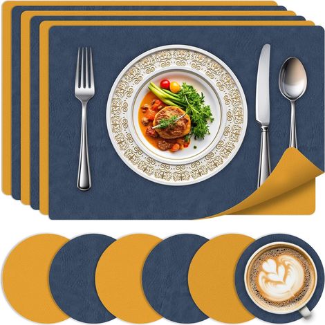 Juego de 6 manteles individuales lavables, impermeables, resistentes al calor, de cuero de doble cara, para cocinas, azul + amarillo (manteles individuales no incluidos). (1/5)