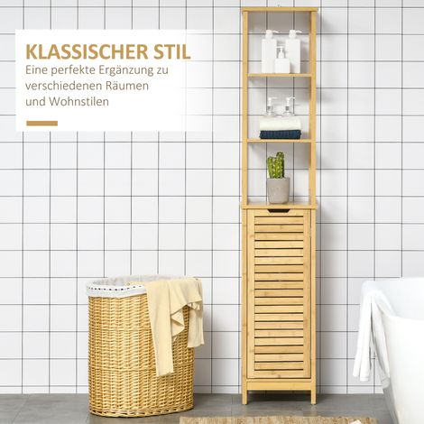 Meuble de rangement salle de bain haut, 3 étagères, casier avec porte à claire-voie, système antichute, bambou naturel, 34x30x173 cm (1/4)