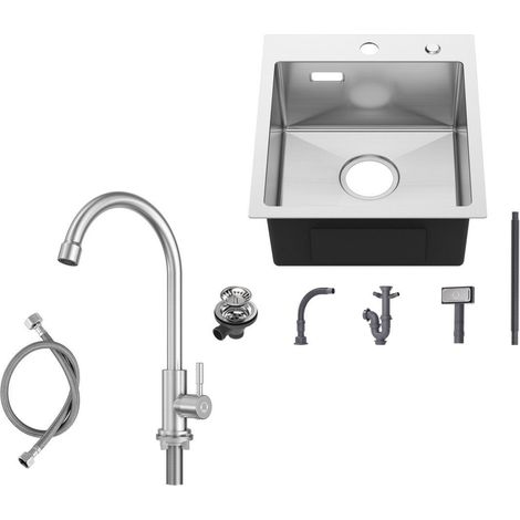 Fregadero de cocina de encimera de 40 × 45 cm Fregadero de acero inoxidable cepillado con grifo de cocina de agua fría Grifo de cocina de alta presión cepillado Altura 273 mm (1/5)