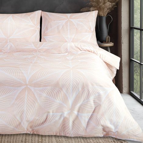 Parure de lit 220x200 cm en flanelle de coton avec système anti-éclaboussures, motif feuilles, rose clair (1/5)