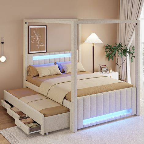Cama con dosel tapizada (211.8x141.5x186 cm), con cama nido, cajones de almacenamiento, lino y MDF beige (1/5)