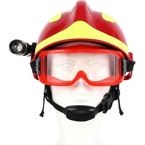 Casque de secours d'urgence ABS – Protection incendie avec lunettes de sécurité et phare – Visibilité optimale rouge et blanc