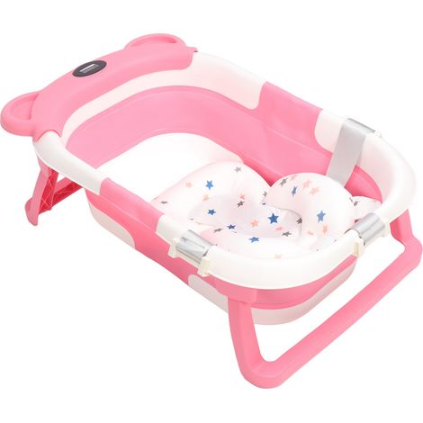 Baignoire bébé pliable avec capteur de température intelligent en temps réel, double pliage, portable et tapis de bain rose (1/5)