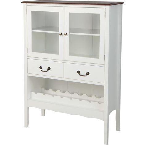 GOPLUS Buffet, Meuble de Rangement avec étagère à Vin, 2 Portes en Verre Trempé, 2 Tiroirs, 90x40x126,5CM, Blanc (1/5)
