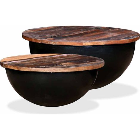 2-tlg. Couchtisch-Set Altholz Massiv Schwarz Schalenform