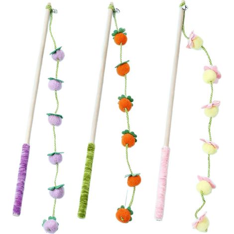 Lot de 3 cannes à pêche jouets pour chat sur le thème des fruits (40 cm) avec poignée antidérapante et manche en bois convient pour le jeu en intérieur et les chatons faisant leurs dents. (1/5)