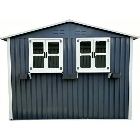 Abri de jardin métal 4.33m² en acier galvanisé gris anthracite avec double porte verrouillable, fenêtres et étagère