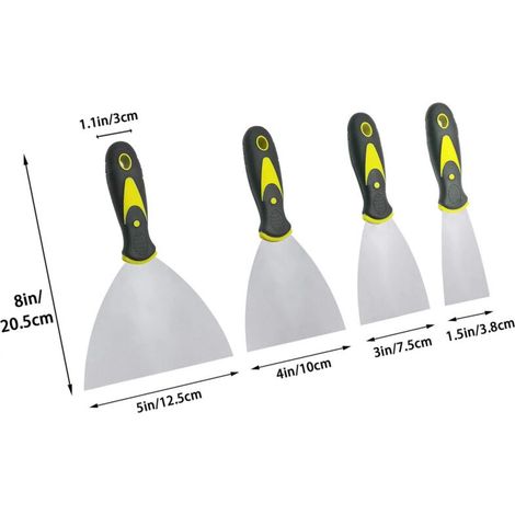 Grattoirs à papier peint, 1,5'', 3'', 4'', 5'' de large, ensemble de couteaux à mastic, outils de peinture au couteau à spackle en métal (paquet de 4) (1/3)
