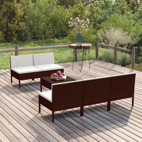 6 pcs Salon de jardin, Ensemble table et chaises de jardin, Meuble de jardin avec coussins Résine tressée Marron MKW859160 (1/5)