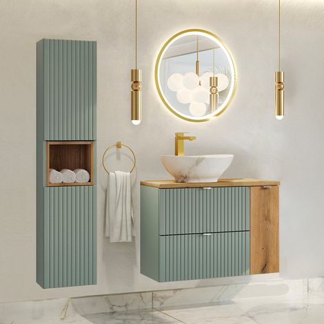 Ensemble meuble simple vasque 80cm et colonne Jade Vert et Bois (1/5)