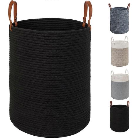 Grand panier à linge en corde de coton 40 cm (diamètre) x 50 cm (hauteur) Panier pliable tressé avec poignées en cuir pour ranger vêtements couches (1/5)