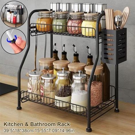 1 étagère de cuisine, double niveau avec boîtes à épices, support fer noir antidérapant pour comptoir cuisine et salle de bain