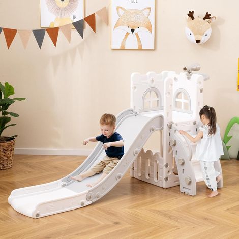 GOPLUS 6 en 1 Toboggan Interieur Enfants avec Panier de Basketball, Télescope, Espaces de Cachette et Rangement, Aire de Jeux Intérieur Exterieur Idéal pour Tout-Petits 1-3 Ans (Blanc) (1/5)