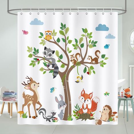 Rideau de Douche Animaux De Bois, Rideau de Baignoire Cerf Heritz Renard Lapin Coloré 183 x 183 cm Polyester Imperméable Résistant à la Moisissure 12 Crochets (1/5)