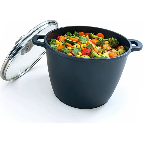 Relaxdays Suppentopf mit Glasdeckel, antihaft, XXL Kochtopf für Induktion, 6 Liter, tiefer Topf, 24 cm, Aluguss, schwarz