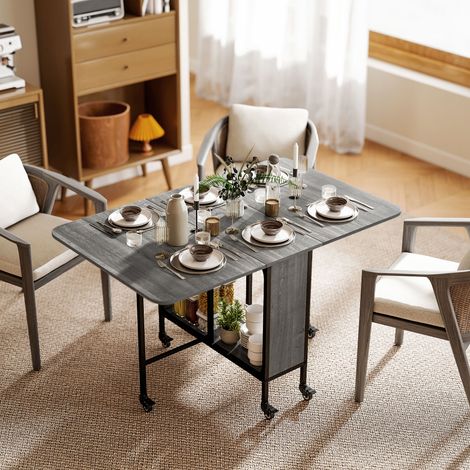Klappbarer Esstisch, Ausziehtisch für 4–6 Personen, moderner, platzsparender Küchentisch mit Ablage und 6 Rollen, Metall, 130 x 80 x 74 cm, Grau