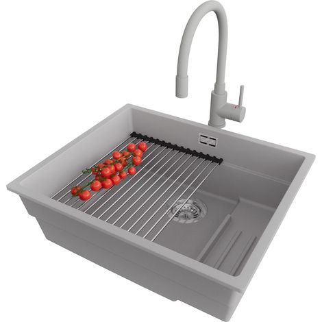 PRIMAGRAN Evier Cuisine en Granit 56x47cm, Lavabo 1 bac + Robinet 38x14cm + Kit de Vidage + Accessoire, Évier à Encastrer au meuble 60cm - Prague Slim, Gris (1/5)