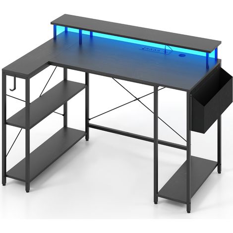 Scrivania da gaming a forma di L con luci LED e stazione di ricarica, Scrivania per computer con ripiani Nero (1/4)