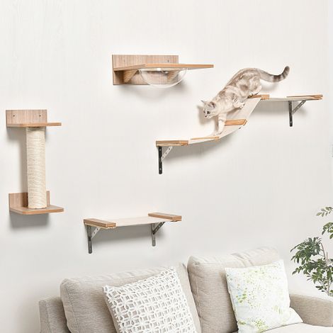Set mural pour chat 100 x 25,5 x 17,5 cm avec arbre à griffer, escalier et hamac, sisal acrylique pin, brun clair