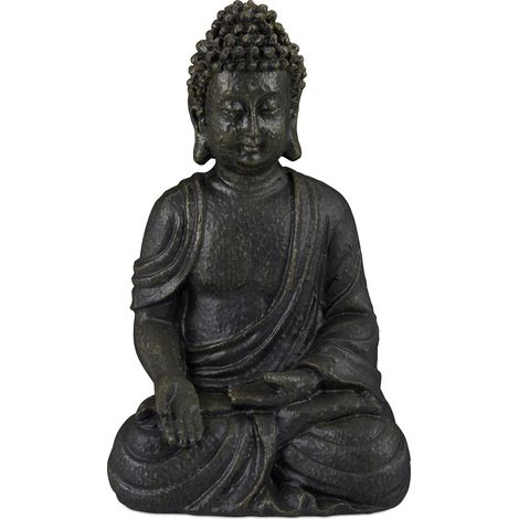 Relaxdays Statua del Buddha Seduto, 30cm da Giardino e Soggiorno, in Poliresina, Impermeabile Anti-Gelo Grigio Scuro