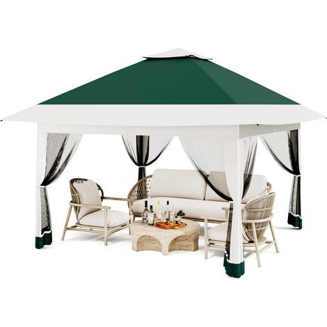 Tonnelle de jardin pliante 3,65 x 3,65 M, Pop Up Gazebo, Tente de Canopée, Moustiquaire, Rapide, 4 Sacs de Sable, Vert et Gris (1/4)
