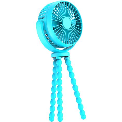 Ventilateur rechargeable pour poussette, rotatif, portable, trépied flexible, 3 vitesses, fixation par pince, bleu royal, idéal pour les voyages en voiture. (1/5)