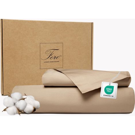 Housse de Couette Coton 155x220, Taie d'oreiller 50x75 cm, Parure de Lit Satin 300 TC, Protéine de Soie, Longues Fibres, Design, Couleur Unie, Parures de Lit, Beige (1/5)