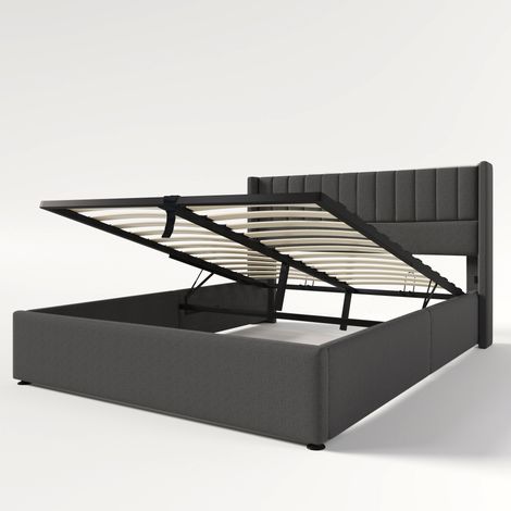 Lit double coffre avec sommier hydraulique 140x200 cm en lin gris sans matelas (1/5)