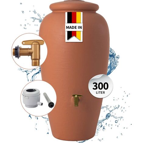 GARANTIA Amphore Regentonnen Komplett-Set 330 Liter terrakotta inkl. Kunststoff-Auslaufhahn und Fallrohranschluss (1/5)