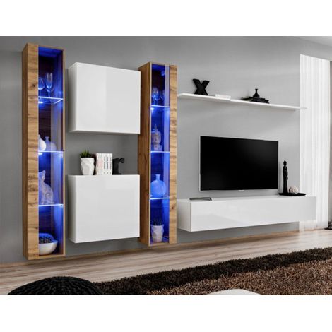 Meuble TV Mural Design "Switch XVI" 330cm Blanc & Naturel (1/4)
