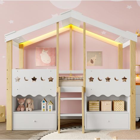Kinder-Halbhochbett 90x200 in Hausform, LED, 2 Schubladen, Weiß und Holz HAVRYA (1/5)