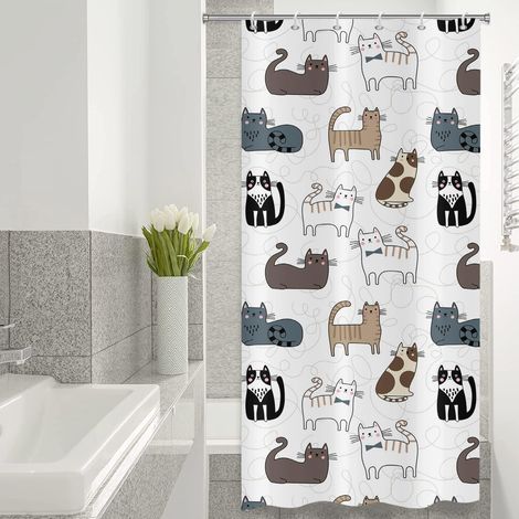 Rideau de Douche Mince 90x180 cm, Chat de Dessin animé Mignon Enfants Blanc Lavables avec Oeillets Rideau Douche imperméable en Textile pour Baignoire avec 6 Crochets (1/5)